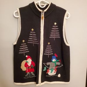 Adorable ugly Christmas sweater vest Santa snowman tree party time sz Large